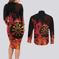 Wales Darts Couples Matching Long Sleeve Bodycon Dress and Long Sleeve Button Shirt Cymru Dragon Gem Ymlaen Flaming Vibes - Wonder Print Shop