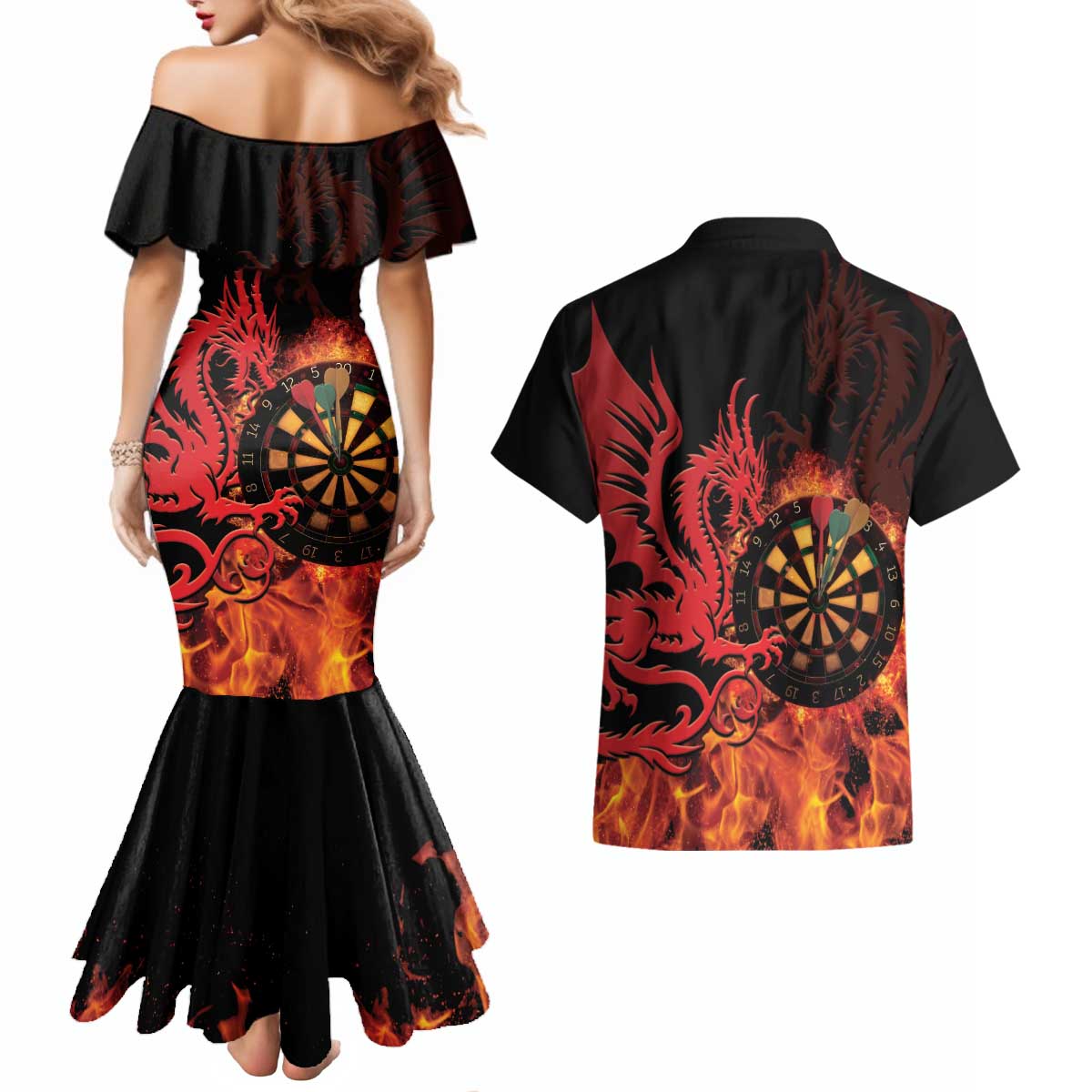 Wales Darts Couples Matching Mermaid Dress and Hawaiian Shirt Cymru Dragon Gem Ymlaen Flaming Vibes - Wonder Print Shop