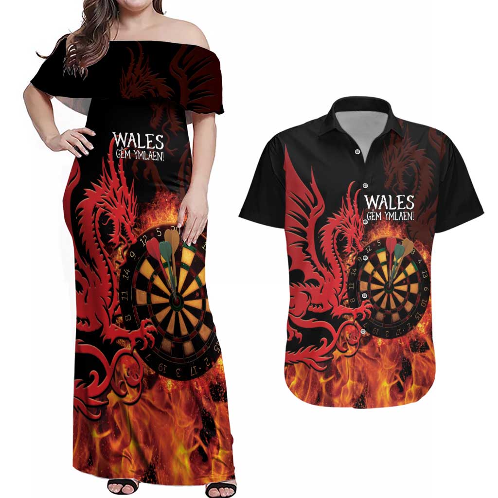 Wales Darts Couples Matching Off Shoulder Maxi Dress and Hawaiian Shirt Cymru Dragon Gem Ymlaen Flaming Vibes - Wonder Print Shop