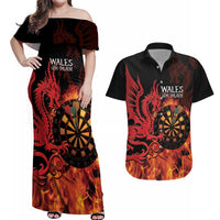Wales Darts Couples Matching Off Shoulder Maxi Dress and Hawaiian Shirt Cymru Dragon Gem Ymlaen Flaming Vibes - Wonder Print Shop