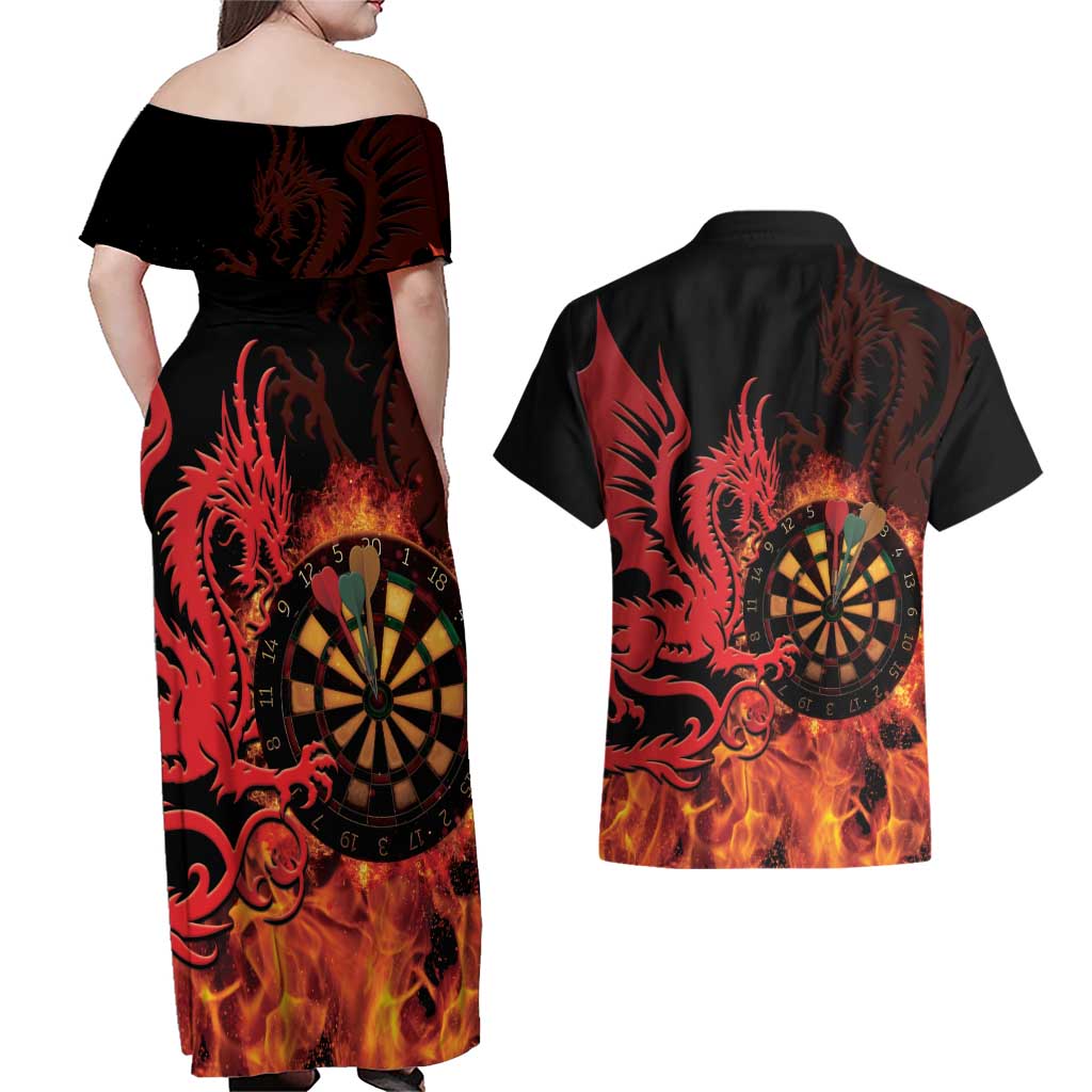 Wales Darts Couples Matching Off Shoulder Maxi Dress and Hawaiian Shirt Cymru Dragon Gem Ymlaen Flaming Vibes - Wonder Print Shop