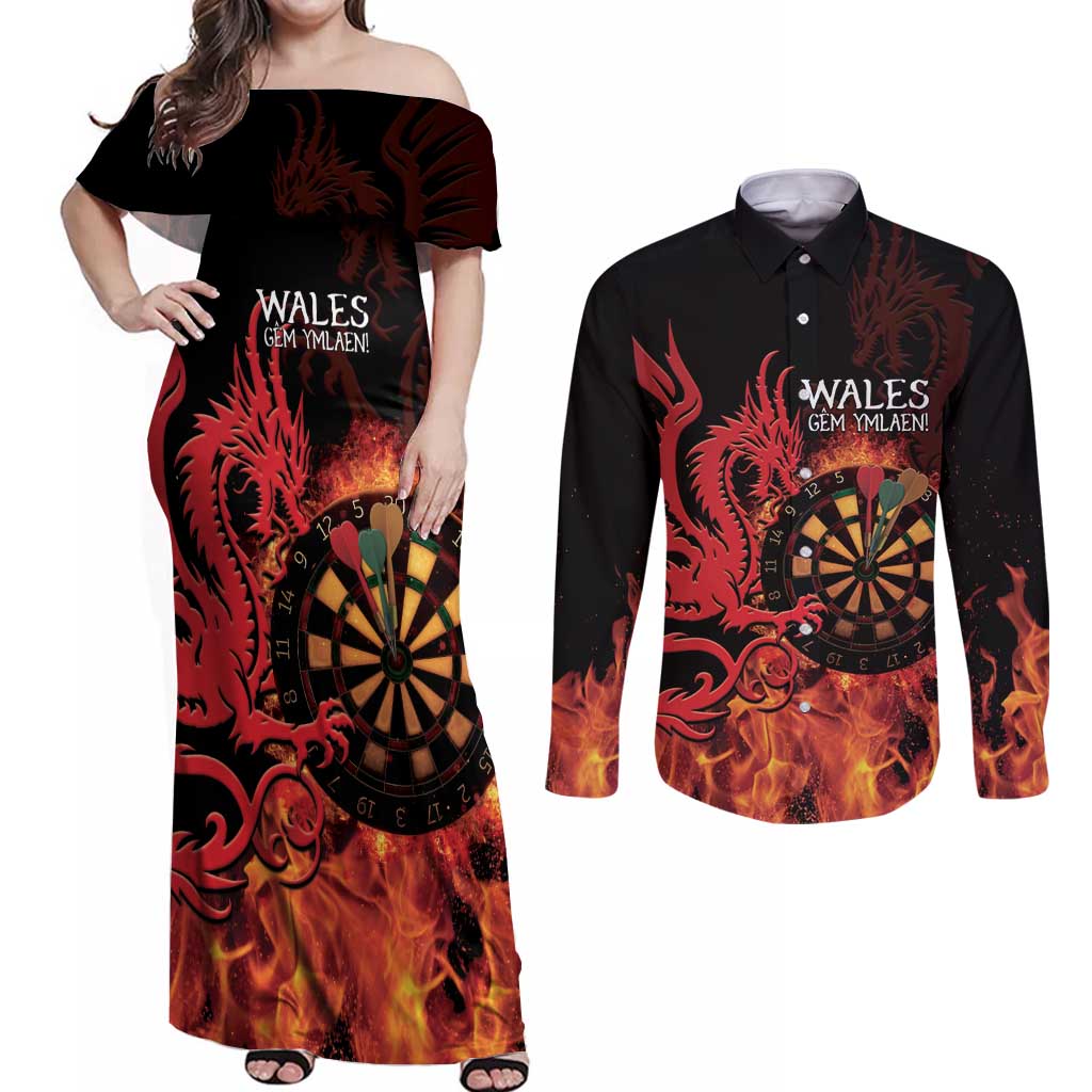 Wales Darts Couples Matching Off Shoulder Maxi Dress and Long Sleeve Button Shirt Cymru Dragon Gem Ymlaen Flaming Vibes - Wonder Print Shop