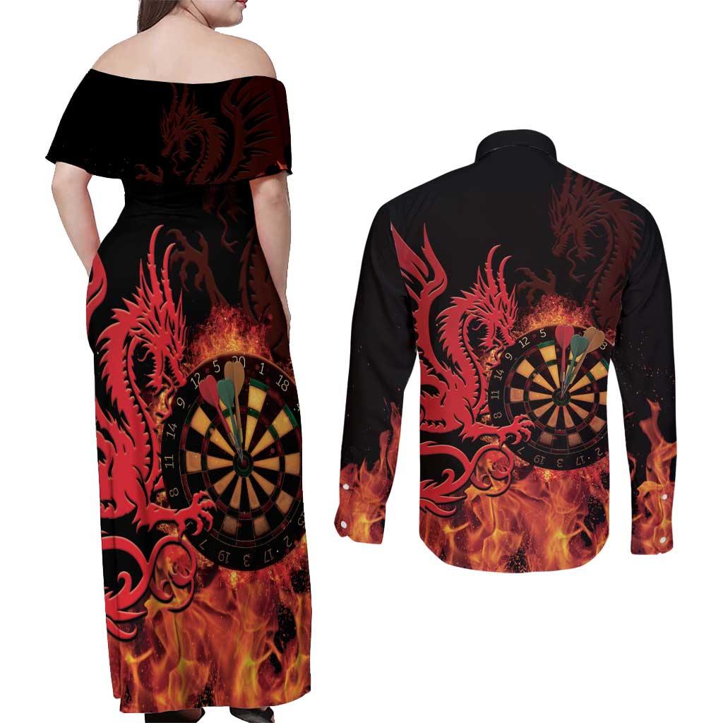 Wales Darts Couples Matching Off Shoulder Maxi Dress and Long Sleeve Button Shirt Cymru Dragon Gem Ymlaen Flaming Vibes - Wonder Print Shop