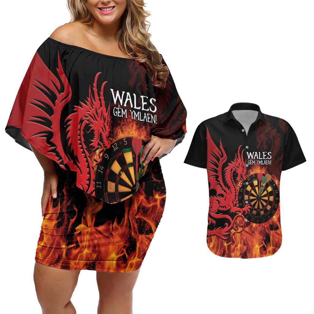 Wales Darts Couples Matching Off Shoulder Short Dress and Hawaiian Shirt Cymru Dragon Gem Ymlaen Flaming Vibes - Wonder Print Shop
