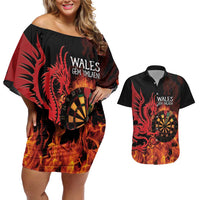 Wales Darts Couples Matching Off Shoulder Short Dress and Hawaiian Shirt Cymru Dragon Gem Ymlaen Flaming Vibes - Wonder Print Shop