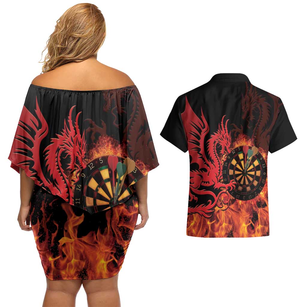 Wales Darts Couples Matching Off Shoulder Short Dress and Hawaiian Shirt Cymru Dragon Gem Ymlaen Flaming Vibes - Wonder Print Shop