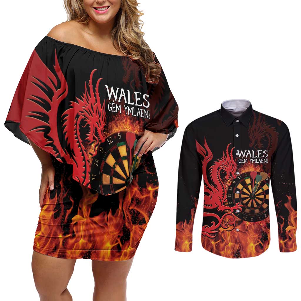 Wales Darts Couples Matching Off Shoulder Short Dress and Long Sleeve Button Shirt Cymru Dragon Gem Ymlaen Flaming Vibes - Wonder Print Shop