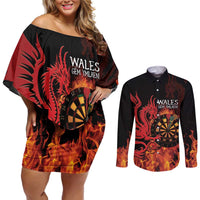 Wales Darts Couples Matching Off Shoulder Short Dress and Long Sleeve Button Shirt Cymru Dragon Gem Ymlaen Flaming Vibes - Wonder Print Shop