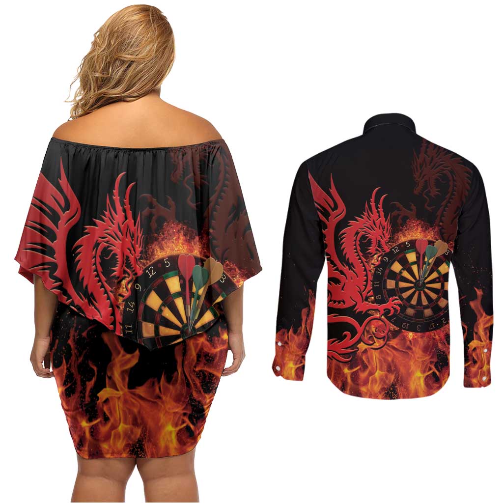 Wales Darts Couples Matching Off Shoulder Short Dress and Long Sleeve Button Shirt Cymru Dragon Gem Ymlaen Flaming Vibes - Wonder Print Shop