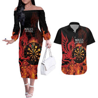 Wales Darts Couples Matching Off The Shoulder Long Sleeve Dress and Hawaiian Shirt Cymru Dragon Gem Ymlaen Flaming Vibes - Wonder Print Shop