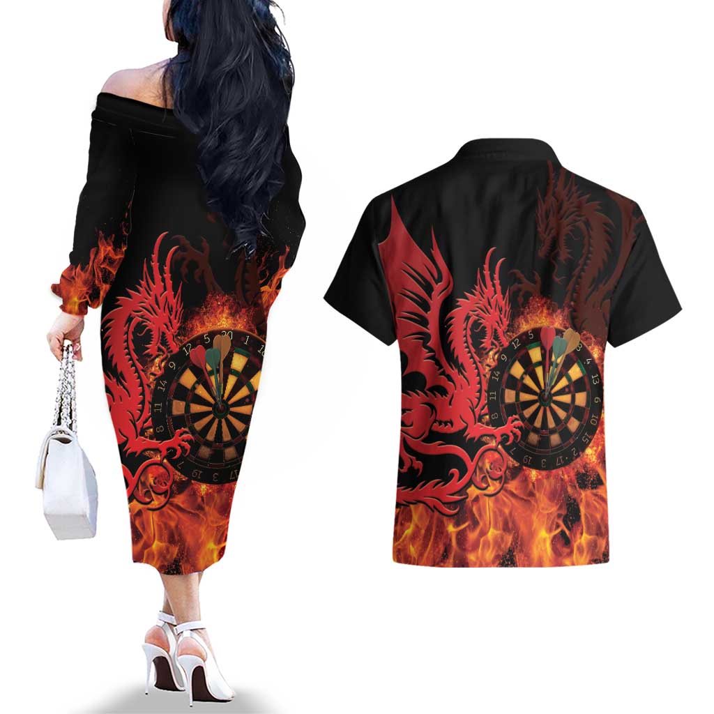 Wales Darts Couples Matching Off The Shoulder Long Sleeve Dress and Hawaiian Shirt Cymru Dragon Gem Ymlaen Flaming Vibes - Wonder Print Shop