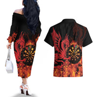 Wales Darts Couples Matching Off The Shoulder Long Sleeve Dress and Hawaiian Shirt Cymru Dragon Gem Ymlaen Flaming Vibes - Wonder Print Shop