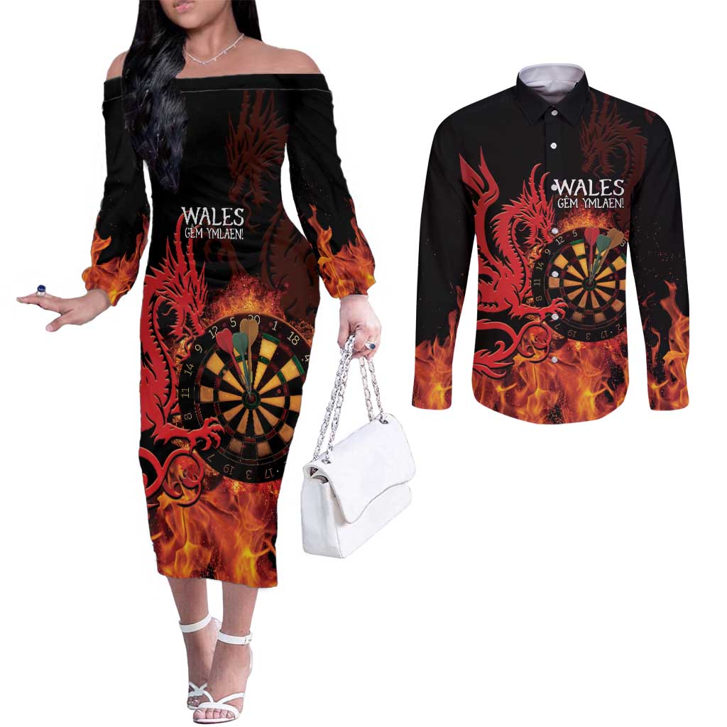 Wales Darts Couples Matching Off The Shoulder Long Sleeve Dress and Long Sleeve Button Shirt Cymru Dragon Gem Ymlaen Flaming Vibes - Wonder Print Shop