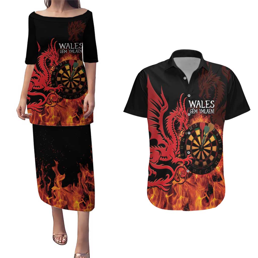 Wales Darts Couples Matching Puletasi and Hawaiian Shirt Cymru Dragon Gem Ymlaen Flaming Vibes - Wonder Print Shop