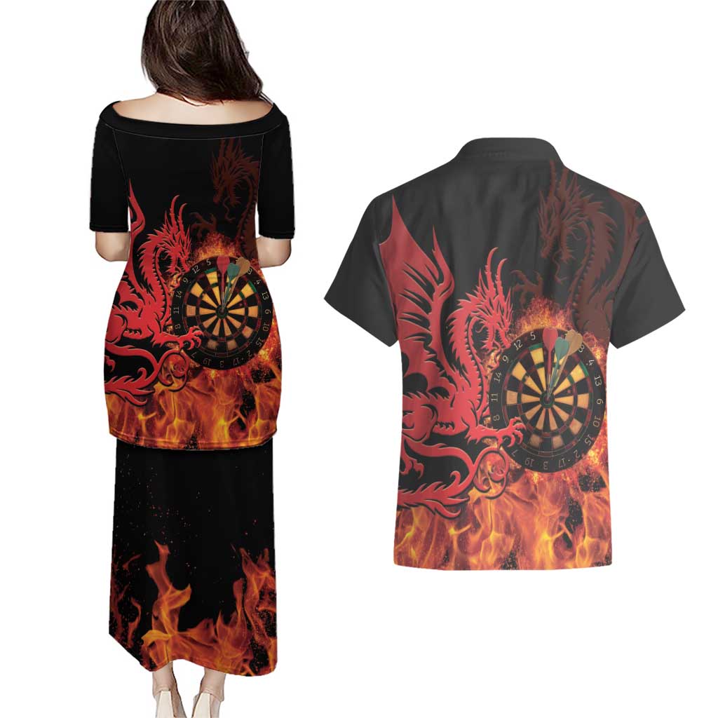 Wales Darts Couples Matching Puletasi and Hawaiian Shirt Cymru Dragon Gem Ymlaen Flaming Vibes - Wonder Print Shop
