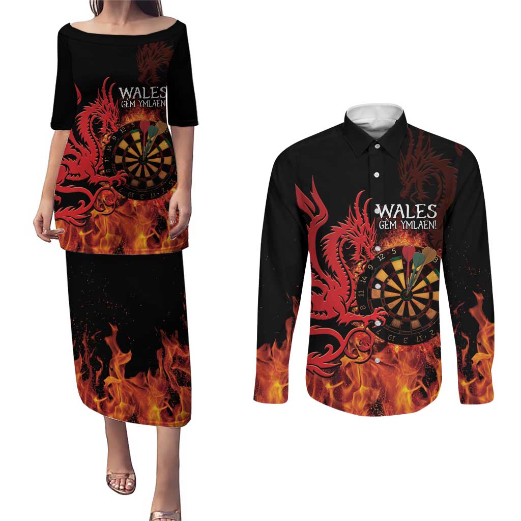 Wales Darts Couples Matching Puletasi and Long Sleeve Button Shirt Cymru Dragon Gem Ymlaen Flaming Vibes - Wonder Print Shop