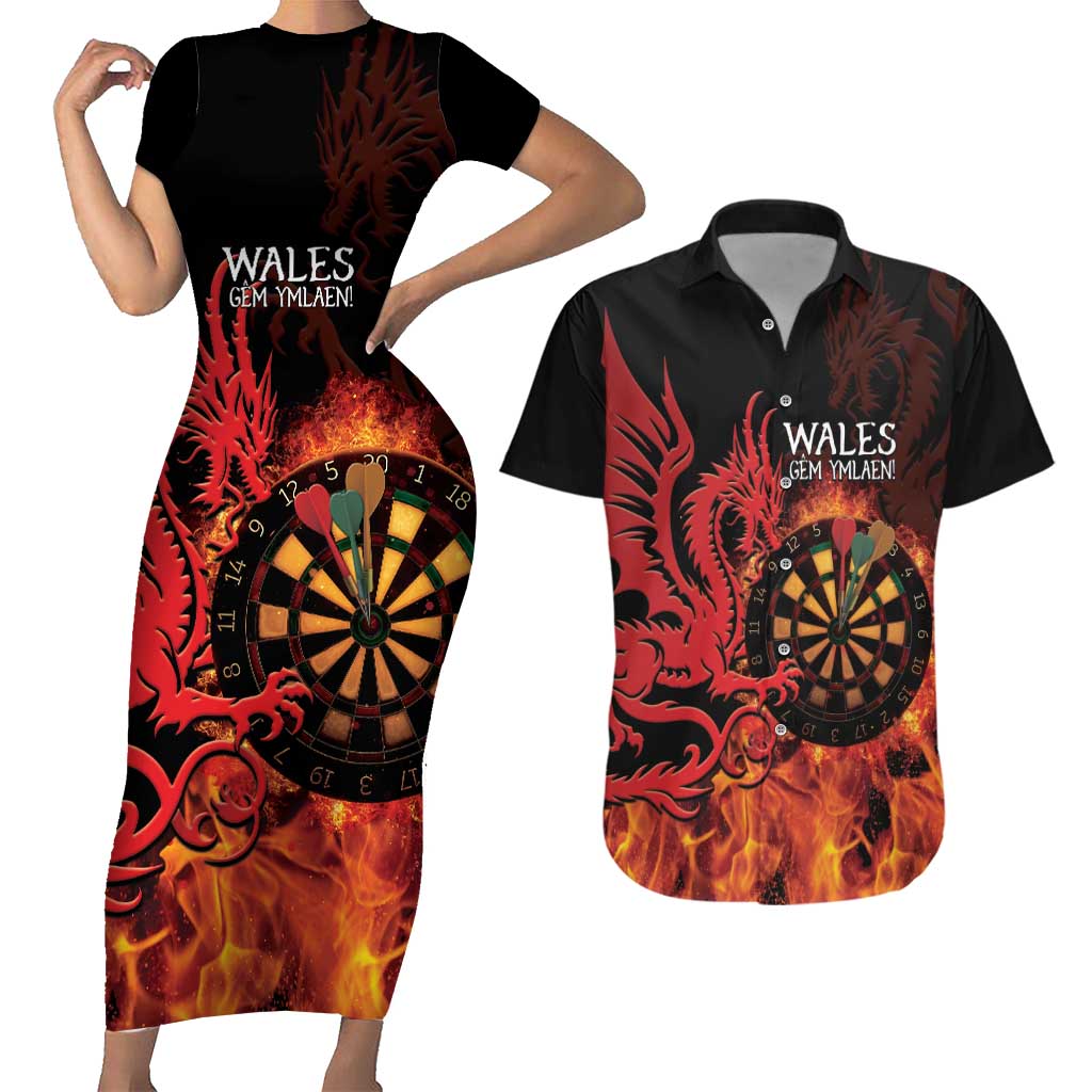 Wales Darts Couples Matching Short Sleeve Bodycon Dress and Hawaiian Shirt Cymru Dragon Gem Ymlaen Flaming Vibes - Wonder Print Shop