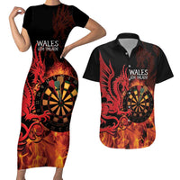 Wales Darts Couples Matching Short Sleeve Bodycon Dress and Hawaiian Shirt Cymru Dragon Gem Ymlaen Flaming Vibes - Wonder Print Shop