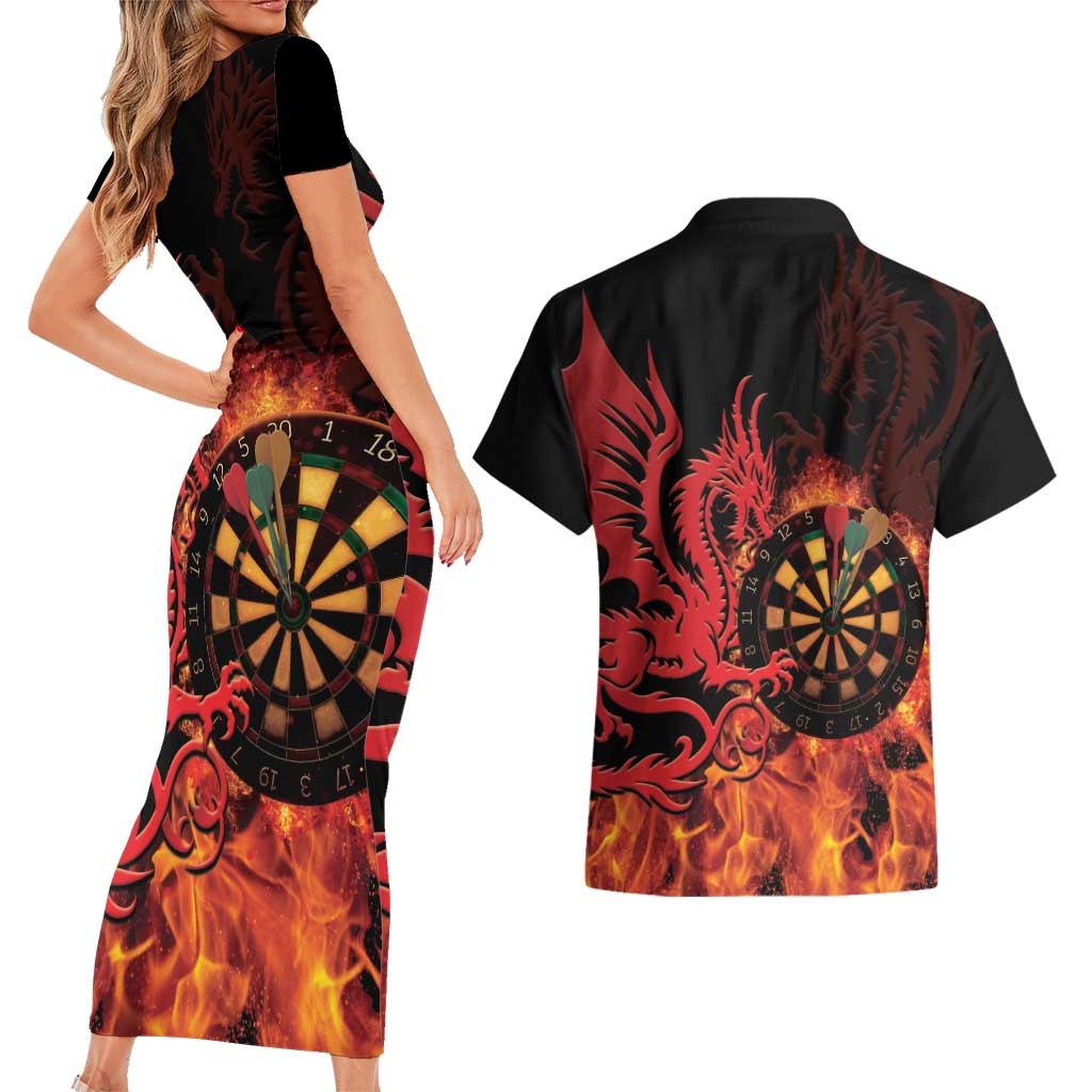 Wales Darts Couples Matching Short Sleeve Bodycon Dress and Hawaiian Shirt Cymru Dragon Gem Ymlaen Flaming Vibes - Wonder Print Shop