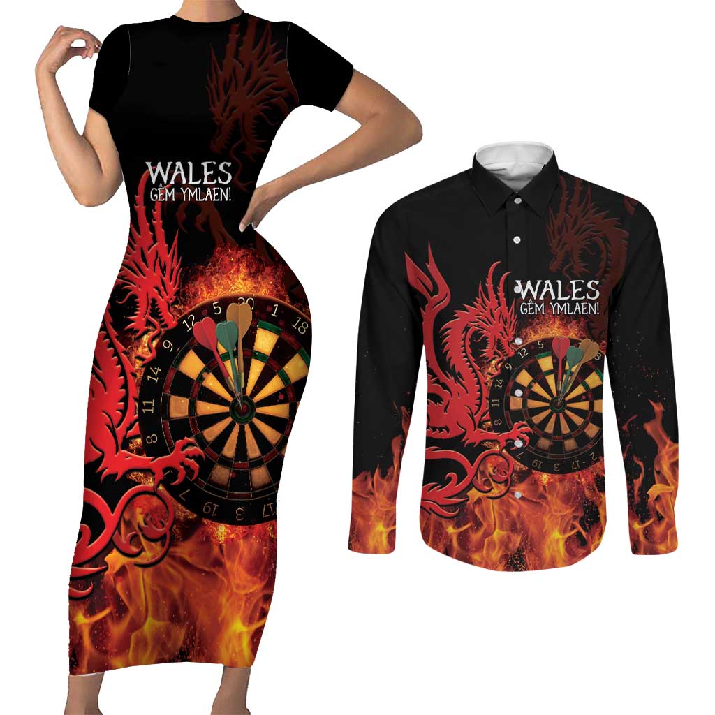Wales Darts Couples Matching Short Sleeve Bodycon Dress and Long Sleeve Button Shirt Cymru Dragon Gem Ymlaen Flaming Vibes - Wonder Print Shop