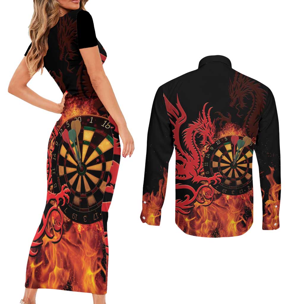 Wales Darts Couples Matching Short Sleeve Bodycon Dress and Long Sleeve Button Shirt Cymru Dragon Gem Ymlaen Flaming Vibes - Wonder Print Shop