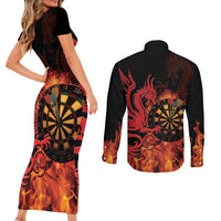 Wales Darts Couples Matching Short Sleeve Bodycon Dress and Long Sleeve Button Shirt Cymru Dragon Gem Ymlaen Flaming Vibes - Wonder Print Shop