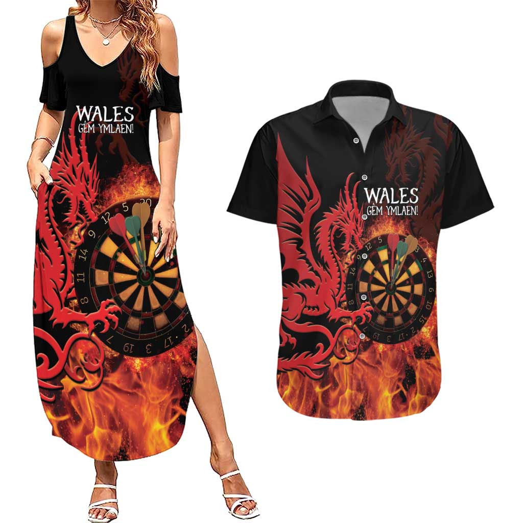 Wales Darts Couples Matching Summer Maxi Dress and Hawaiian Shirt Cymru Dragon Gem Ymlaen Flaming Vibes - Wonder Print Shop