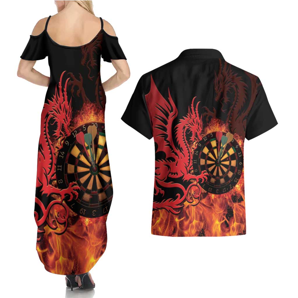 Wales Darts Couples Matching Summer Maxi Dress and Hawaiian Shirt Cymru Dragon Gem Ymlaen Flaming Vibes - Wonder Print Shop