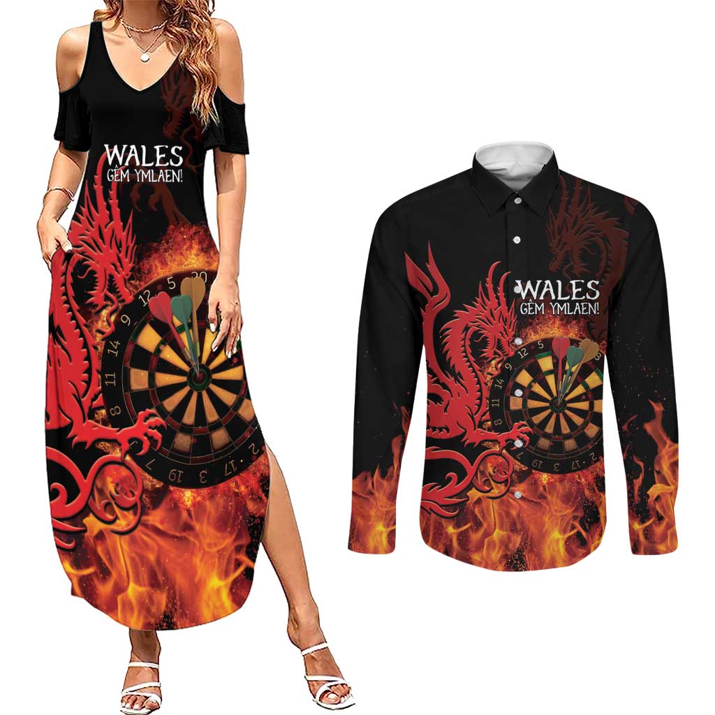 Wales Darts Couples Matching Summer Maxi Dress and Long Sleeve Button Shirt Cymru Dragon Gem Ymlaen Flaming Vibes - Wonder Print Shop