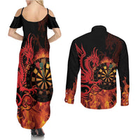 Wales Darts Couples Matching Summer Maxi Dress and Long Sleeve Button Shirt Cymru Dragon Gem Ymlaen Flaming Vibes - Wonder Print Shop