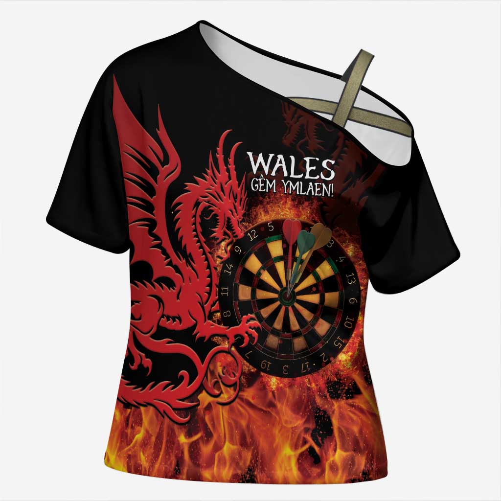 Wales Darts Cross Shoulder Shirt Cymru Dragon Gem Ymlaen Flaming Vibes - Wonder Print Shop
