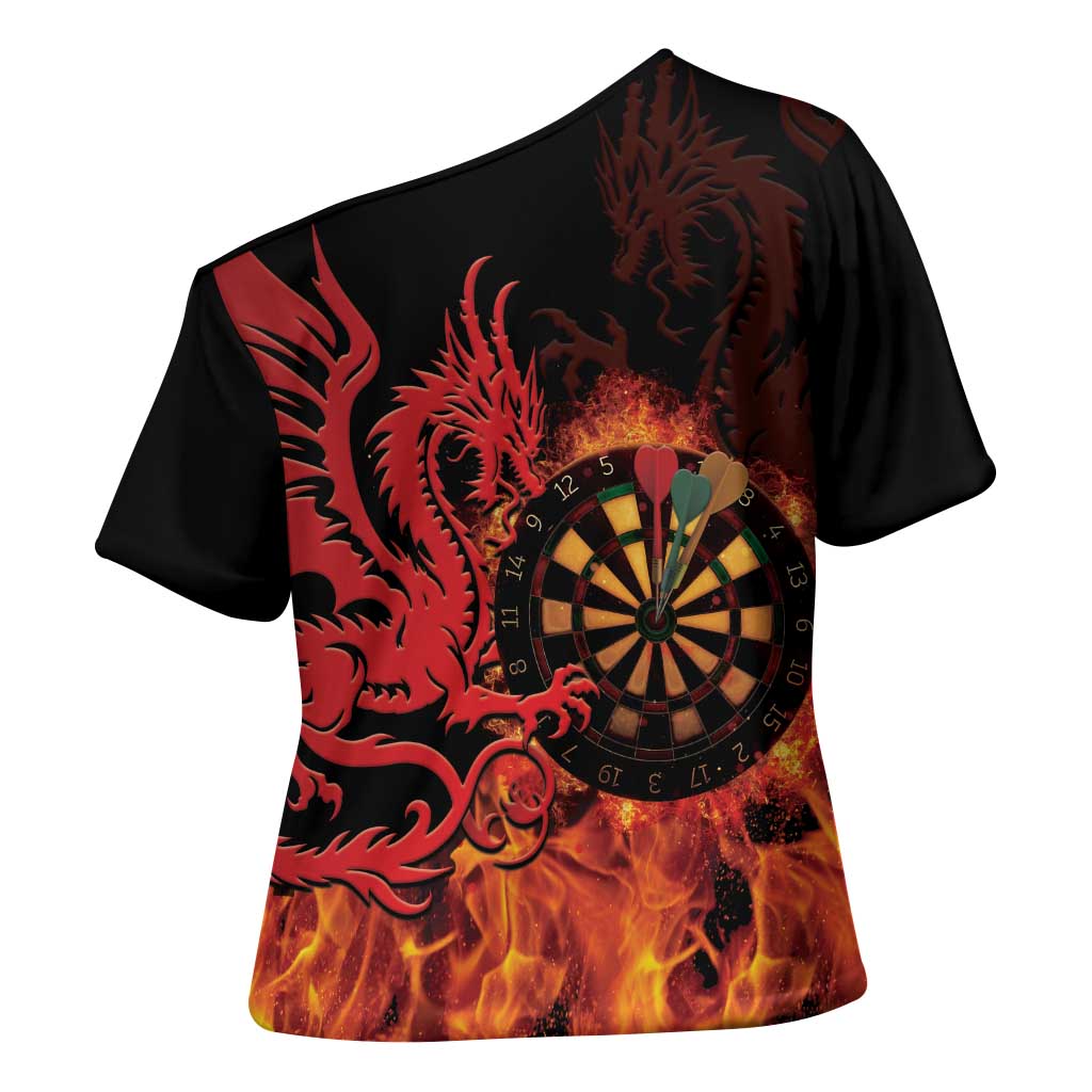 Wales Darts Cross Shoulder Shirt Cymru Dragon Gem Ymlaen Flaming Vibes - Wonder Print Shop