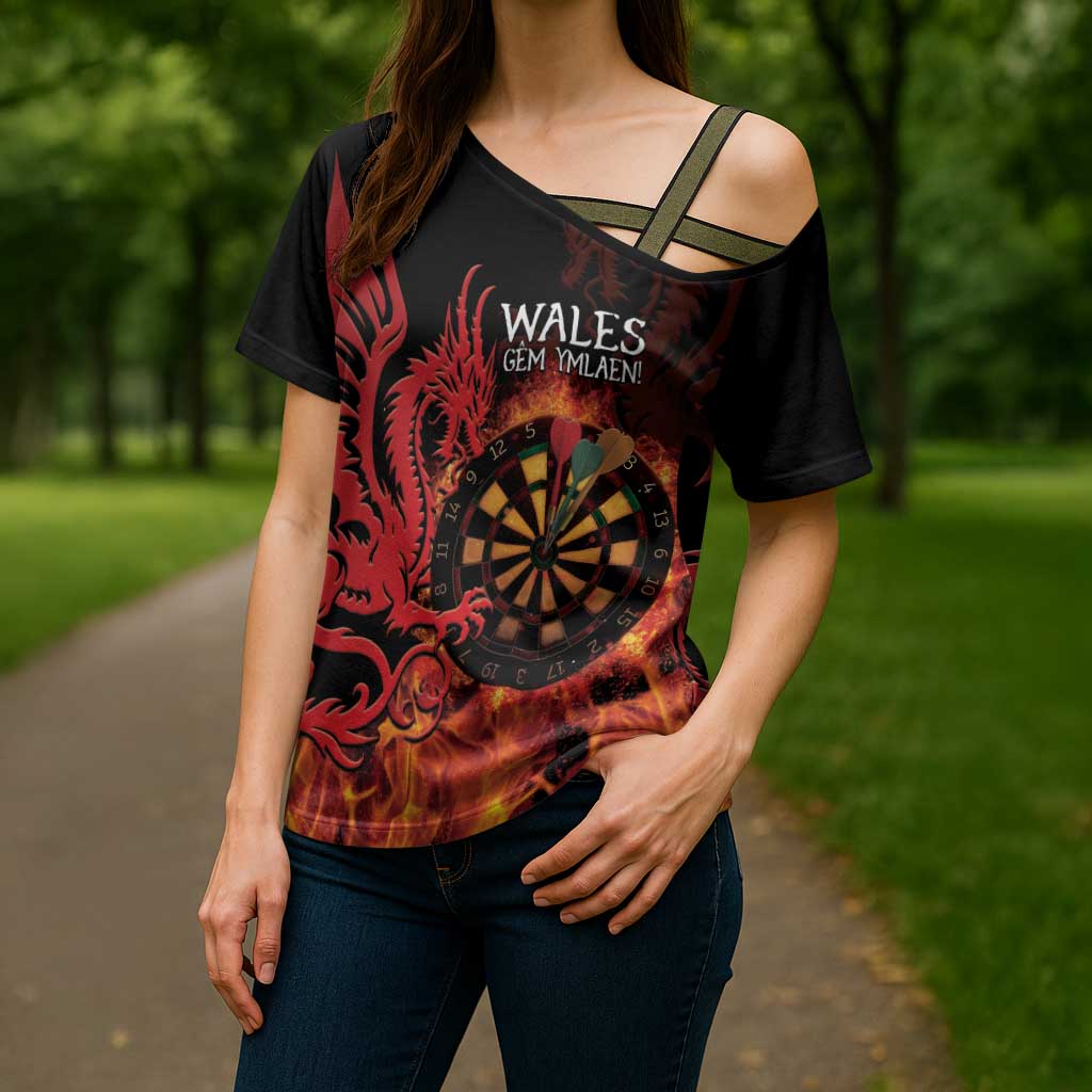 Wales Darts Cross Shoulder Shirt Cymru Dragon Gem Ymlaen Flaming Vibes - Wonder Print Shop