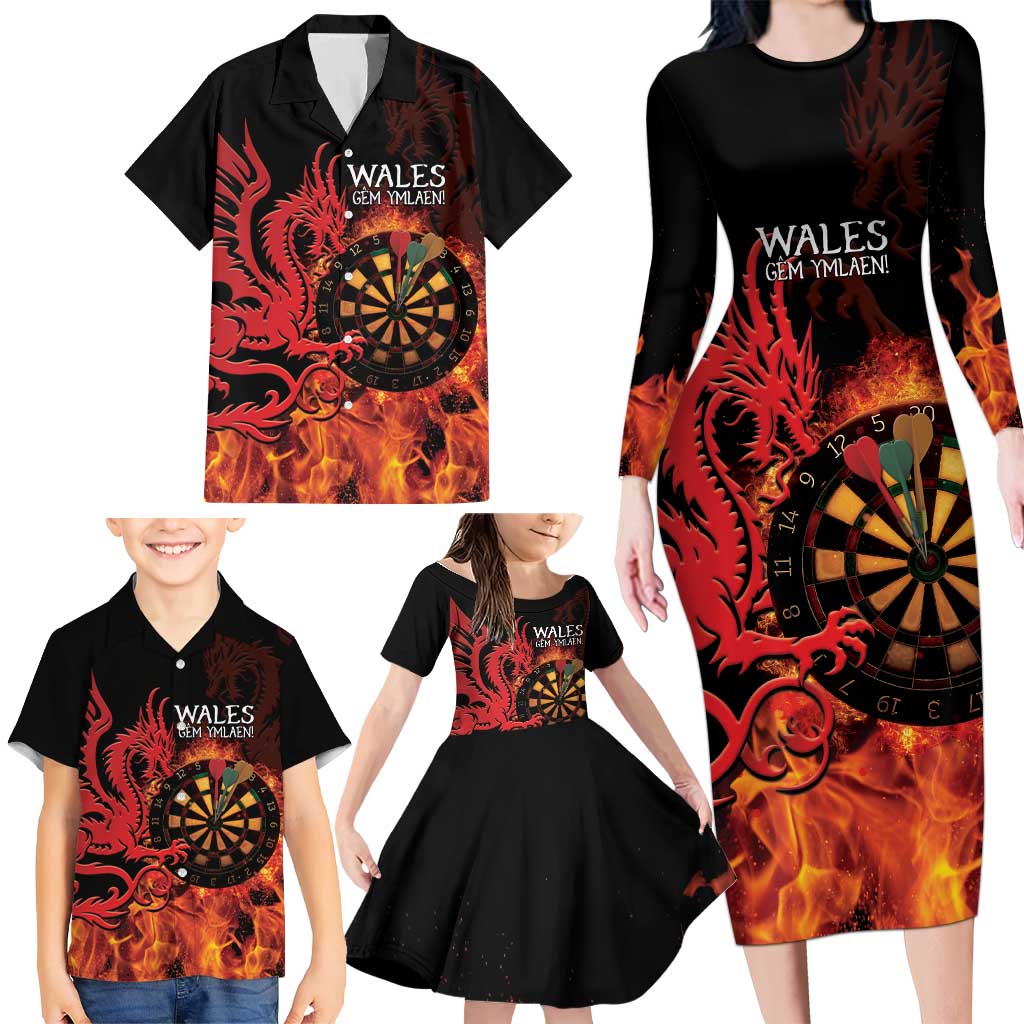 Wales Darts Family Matching Long Sleeve Bodycon Dress and Hawaiian Shirt Cymru Dragon Gem Ymlaen Flaming Vibes - Wonder Print Shop