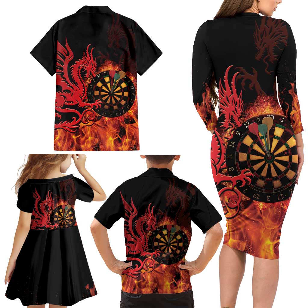Wales Darts Family Matching Long Sleeve Bodycon Dress and Hawaiian Shirt Cymru Dragon Gem Ymlaen Flaming Vibes - Wonder Print Shop