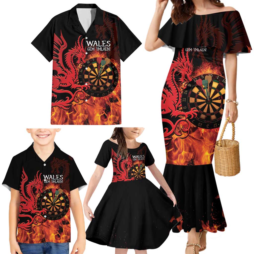 Wales Darts Family Matching Mermaid Dress and Hawaiian Shirt Cymru Dragon Gem Ymlaen Flaming Vibes - Wonder Print Shop