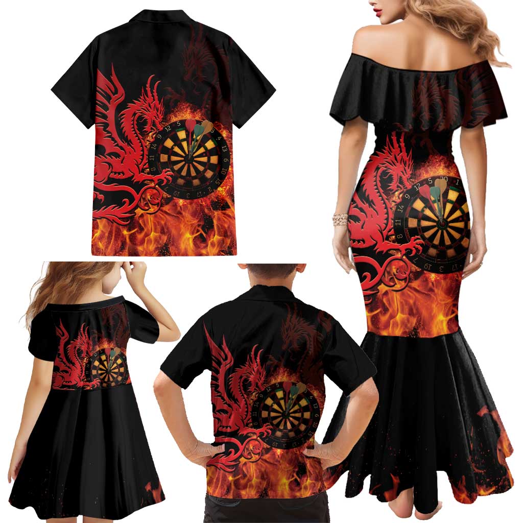 Wales Darts Family Matching Mermaid Dress and Hawaiian Shirt Cymru Dragon Gem Ymlaen Flaming Vibes - Wonder Print Shop