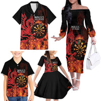 Wales Darts Family Matching Off The Shoulder Long Sleeve Dress and Hawaiian Shirt Cymru Dragon Gem Ymlaen Flaming Vibes - Wonder Print Shop