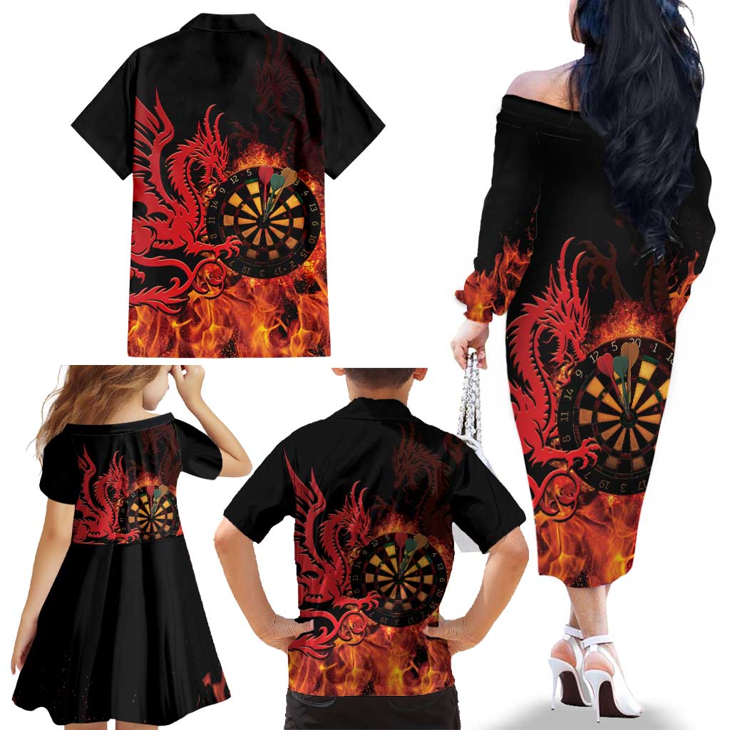 Wales Darts Family Matching Off The Shoulder Long Sleeve Dress and Hawaiian Shirt Cymru Dragon Gem Ymlaen Flaming Vibes - Wonder Print Shop