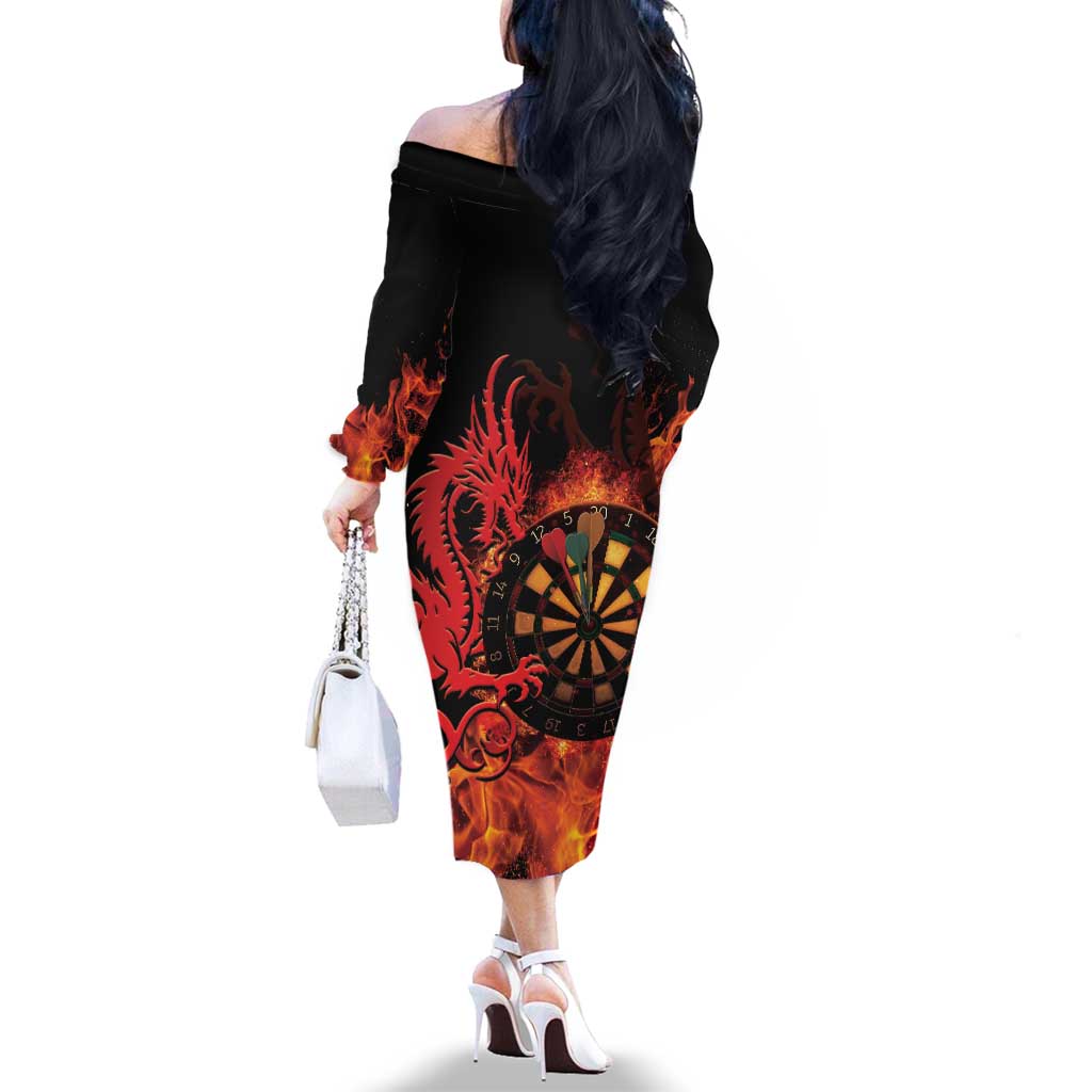 Wales Darts Family Matching Off The Shoulder Long Sleeve Dress and Hawaiian Shirt Cymru Dragon Gem Ymlaen Flaming Vibes - Wonder Print Shop