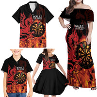 Wales Darts Family Matching Off Shoulder Maxi Dress and Hawaiian Shirt Cymru Dragon Gem Ymlaen Flaming Vibes - Wonder Print Shop
