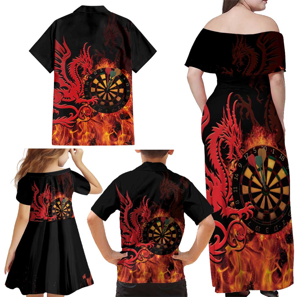 Wales Darts Family Matching Off Shoulder Maxi Dress and Hawaiian Shirt Cymru Dragon Gem Ymlaen Flaming Vibes - Wonder Print Shop