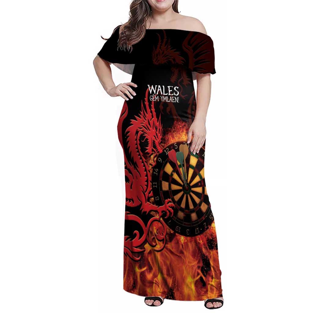 Wales Darts Family Matching Off Shoulder Maxi Dress and Hawaiian Shirt Cymru Dragon Gem Ymlaen Flaming Vibes - Wonder Print Shop