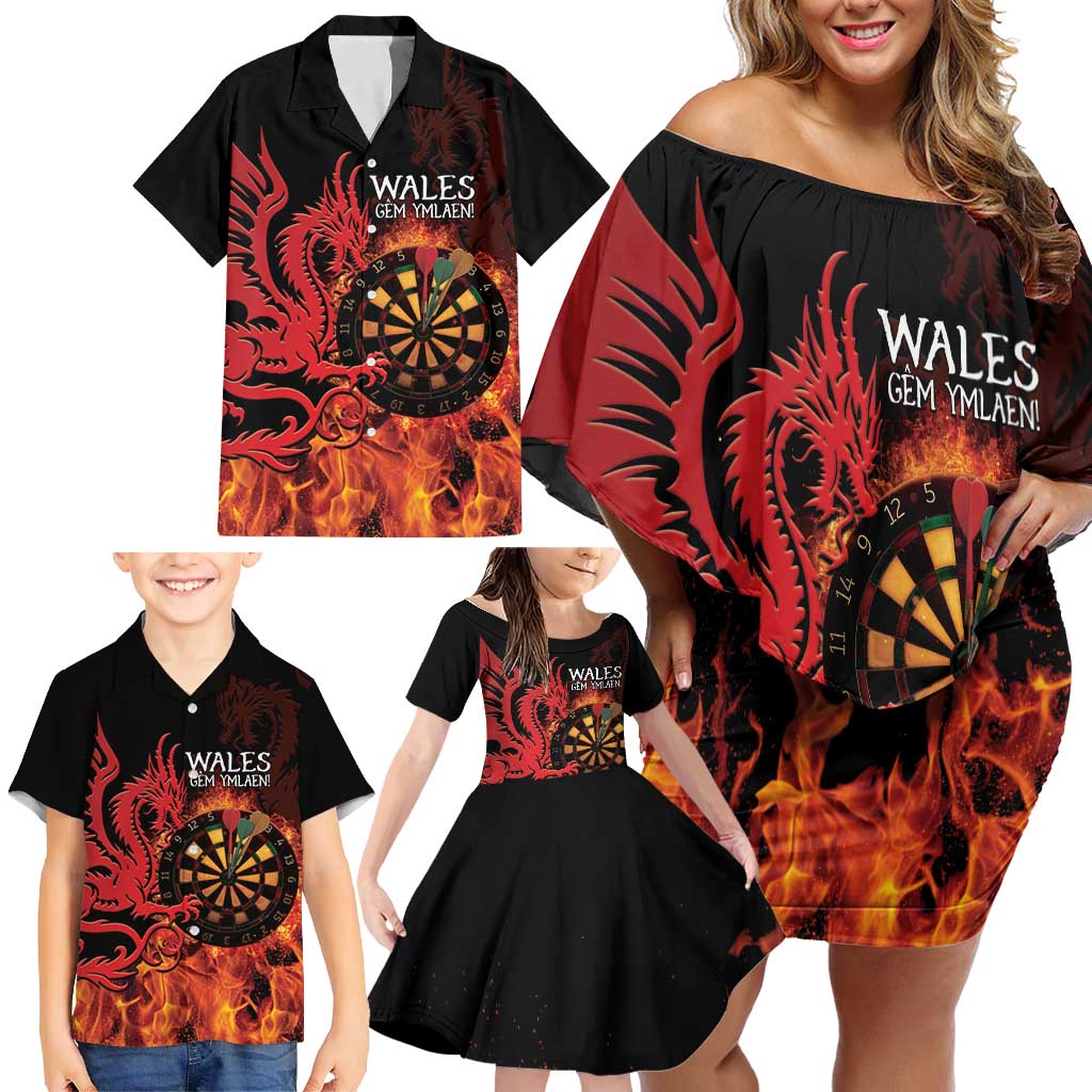 Wales Darts Family Matching Off Shoulder Short Dress and Hawaiian Shirt Cymru Dragon Gem Ymlaen Flaming Vibes - Wonder Print Shop