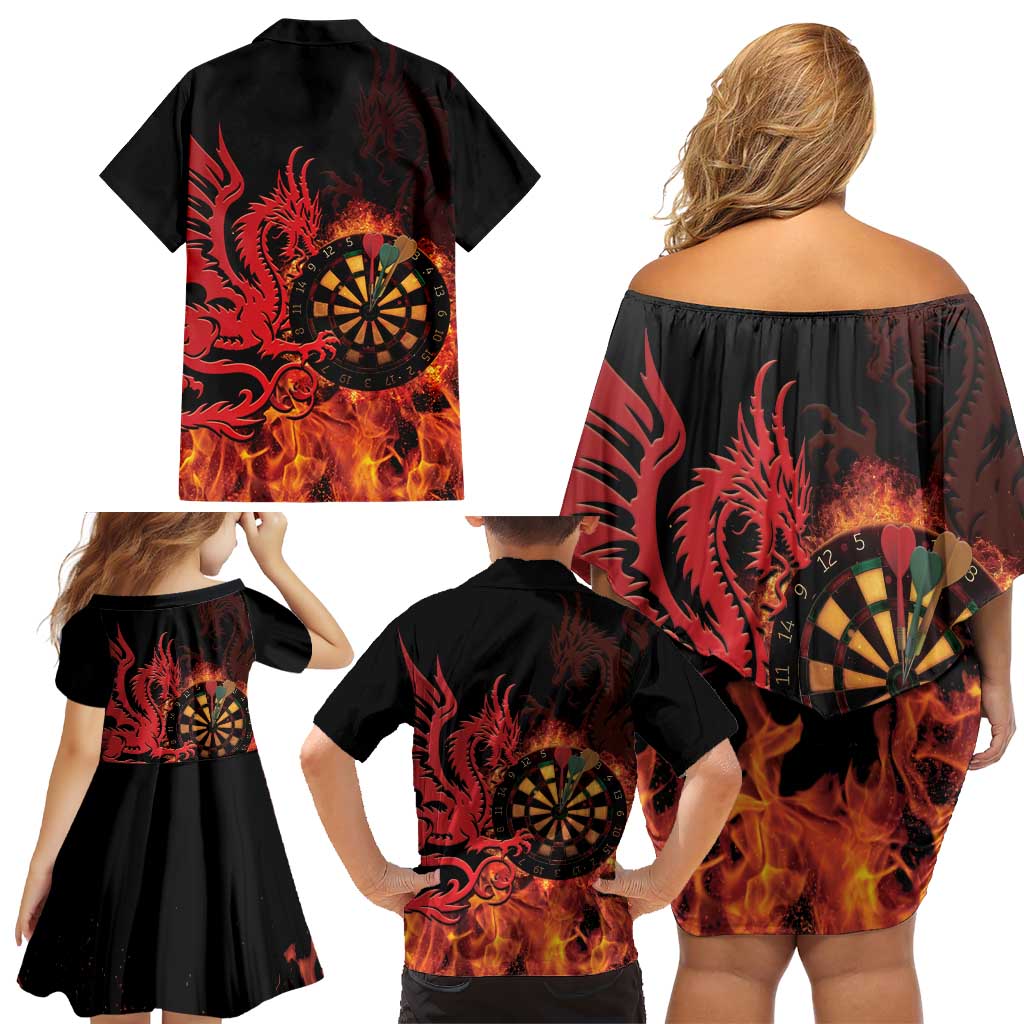 Wales Darts Family Matching Off Shoulder Short Dress and Hawaiian Shirt Cymru Dragon Gem Ymlaen Flaming Vibes - Wonder Print Shop