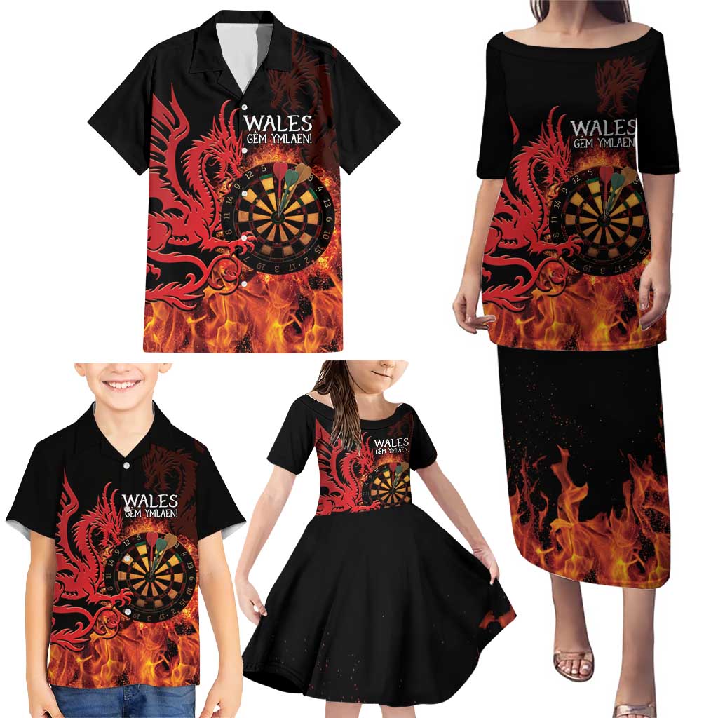 Wales Darts Family Matching Puletasi and Hawaiian Shirt Cymru Dragon Gem Ymlaen Flaming Vibes - Wonder Print Shop