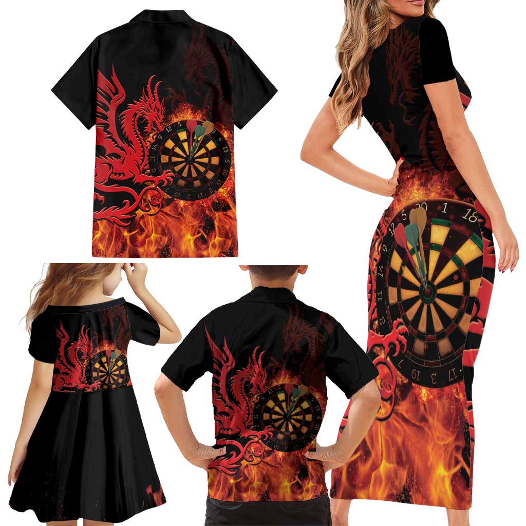 Wales Darts Family Matching Short Sleeve Bodycon Dress and Hawaiian Shirt Cymru Dragon Gem Ymlaen Flaming Vibes - Wonder Print Shop
