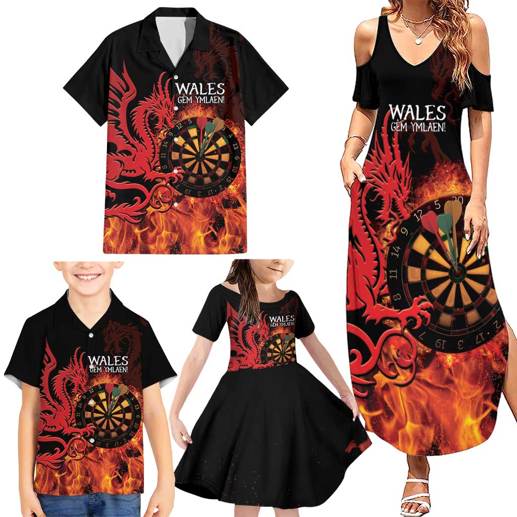 Wales Darts Family Matching Summer Maxi Dress and Hawaiian Shirt Cymru Dragon Gem Ymlaen Flaming Vibes - Wonder Print Shop