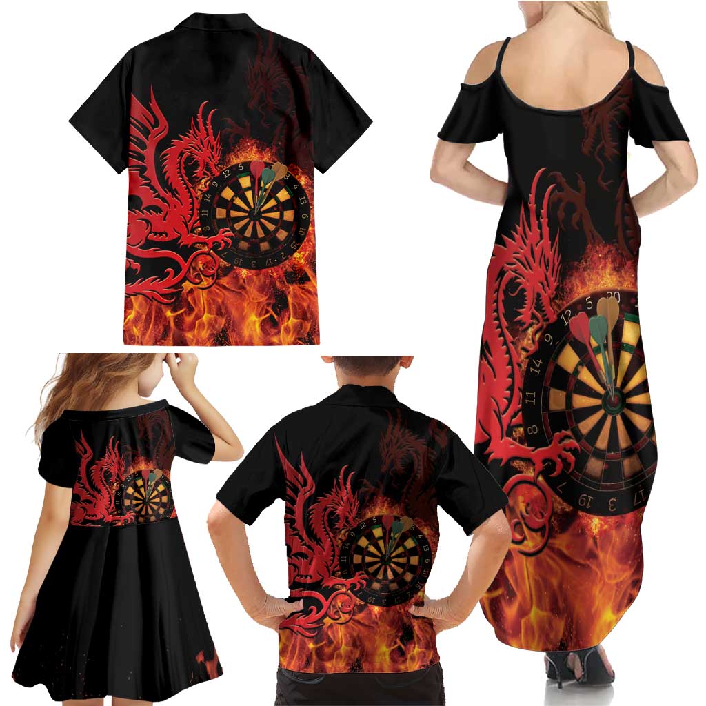 Wales Darts Family Matching Summer Maxi Dress and Hawaiian Shirt Cymru Dragon Gem Ymlaen Flaming Vibes - Wonder Print Shop