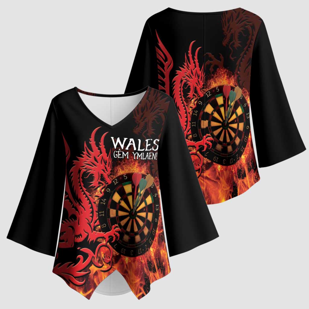 Wales Darts Kimono Sleeve Blouse Cymru Dragon Gem Ymlaen Flaming Vibes - Wonder Print Shop